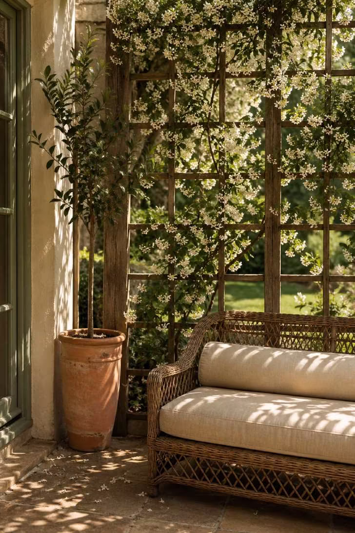 Star jasmine climbing a weathered wooden trellis privacy screen beside a wicker loveseat on a patio