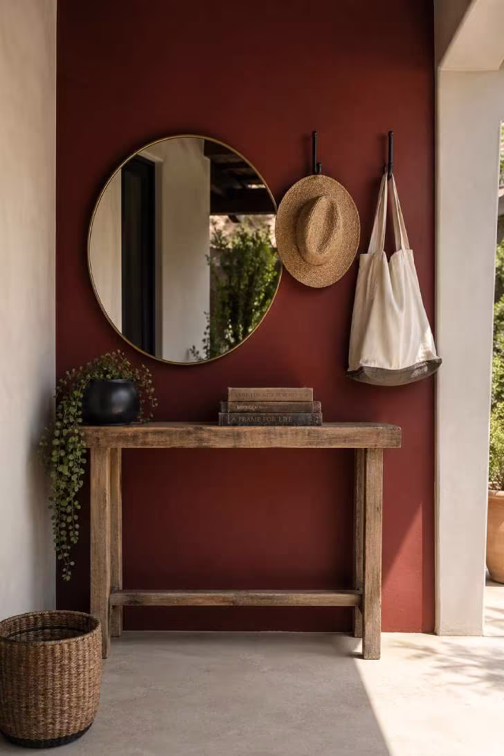 Deep oxblood accent wall on a patio with reclaimed wood console table and brass mirror