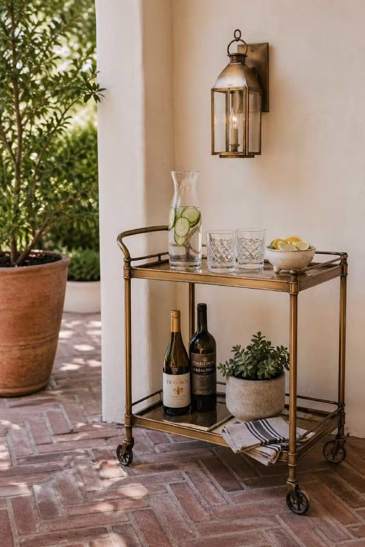Vintage brass bar cart with glassware and citrus on a herringbone brick patio