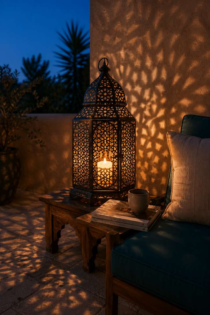 Moroccan metal lantern casting geometric shadow patterns beside a teal outdoor lounge chair at twilight