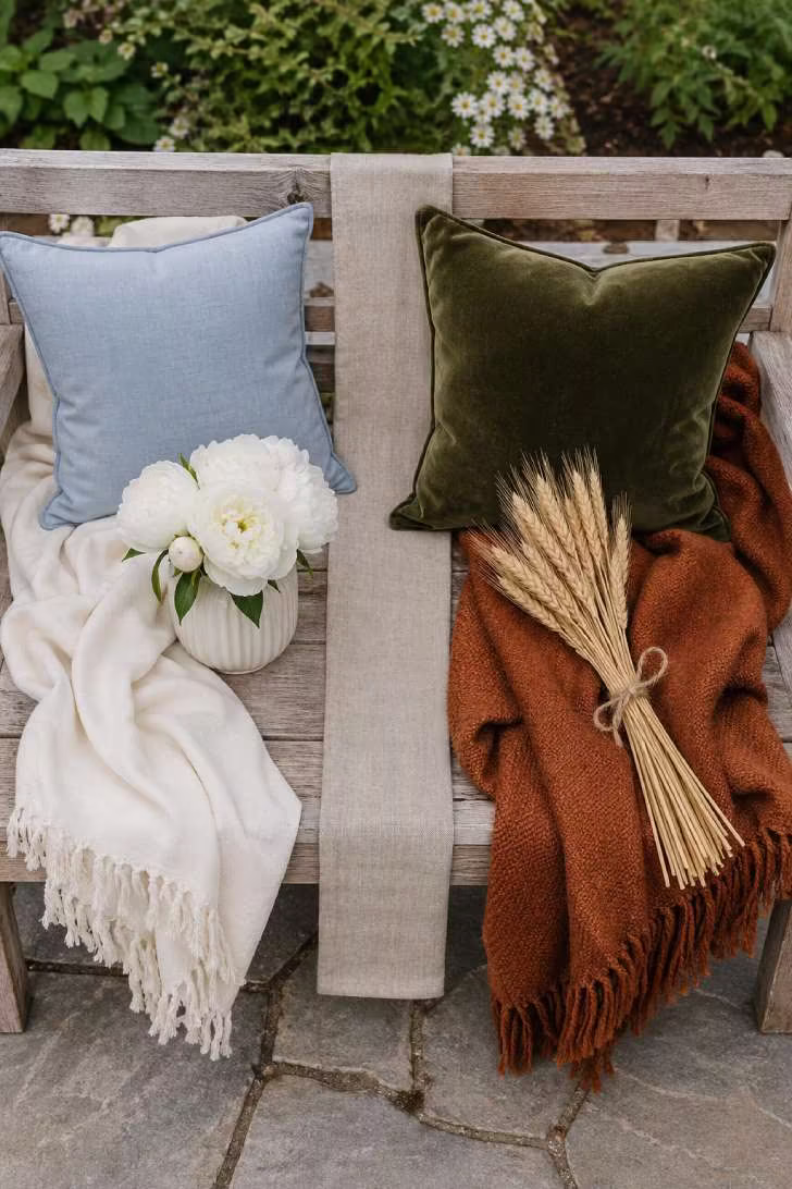 Seasonal textile swap on a teak bench showing summer linens on one side and fall woven throws on the other