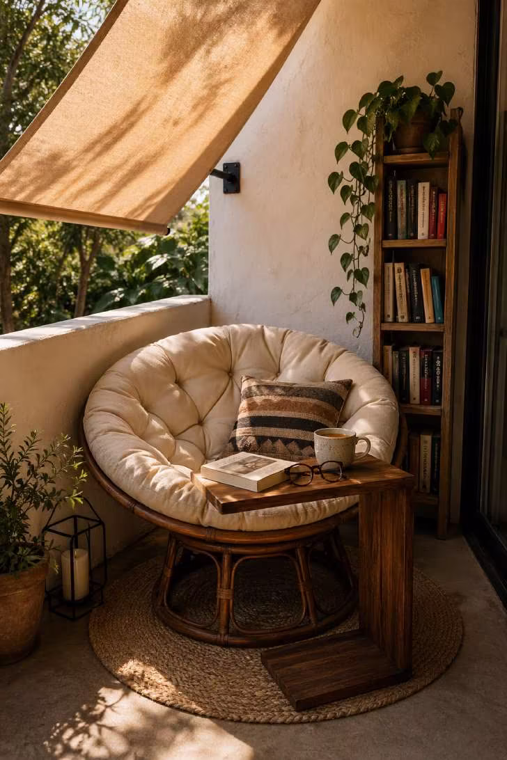 Cozy patio reading nook with papasan chair, C-table and reclaimed wood bookshelf in morning light