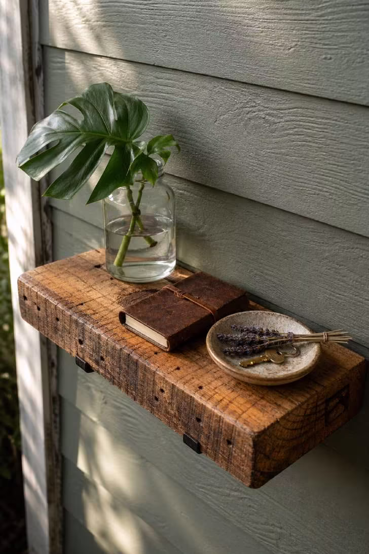 Reclaimed barn wood floating shelf on sage-green wall with propagation vase and curated objects