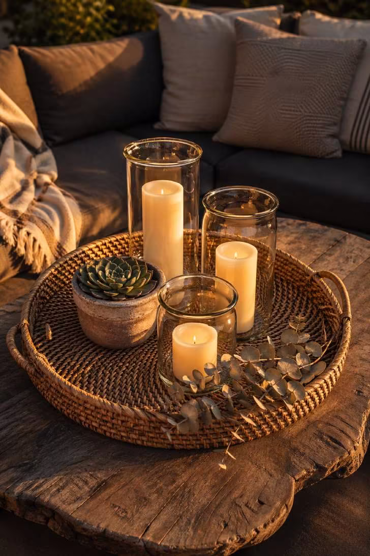 Rattan tray with grouped glass hurricane lanterns and succulent on a live-edge outdoor coffee table