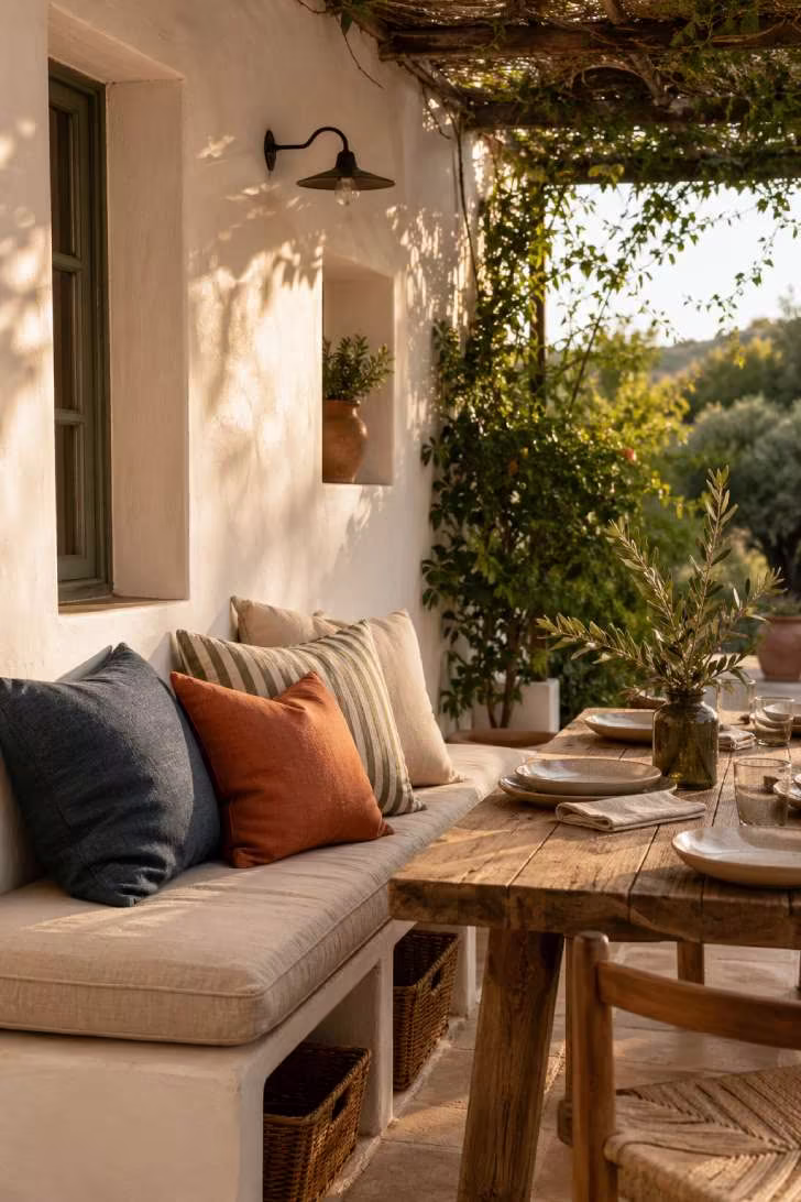Built-in wooden banquette with linen cushions and throw pillows against a whitewashed patio wall