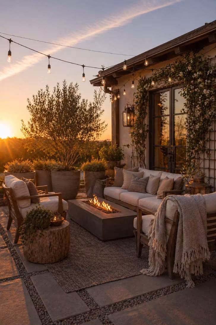 Beautifully decorated patio at golden hour with mixed furniture, fire table, string lights, climbing jasmine and oversized planters