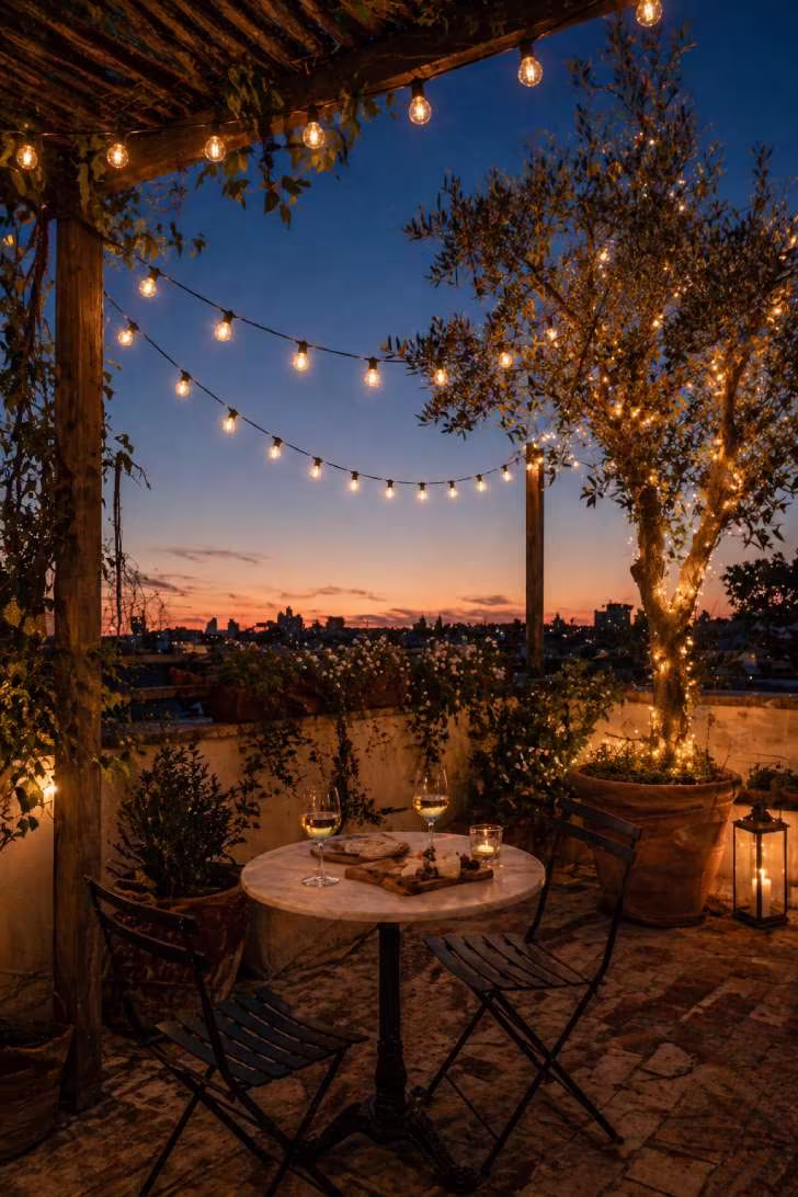 Warm white string lights hung at varied heights over a twilight urban patio with bistro seating