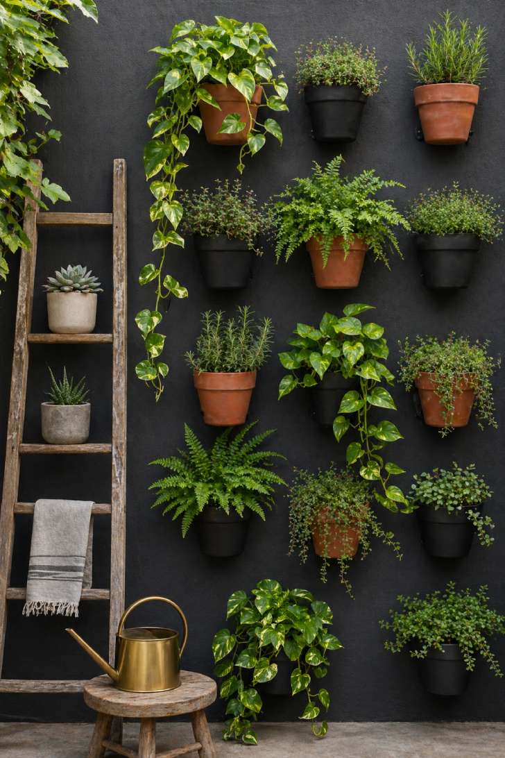 Vertical garden with terracotta and black wall-mounted planters on a charcoal exterior wall