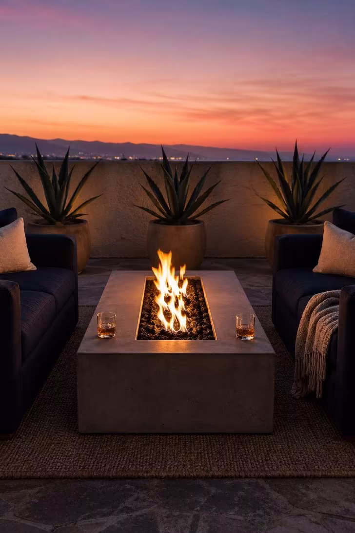Rectangular gas fire table with lava rocks as patio centerpiece at dusk with lounge seating