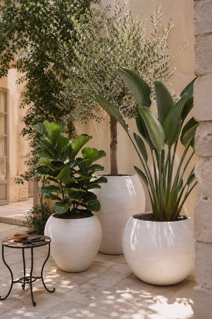 Three oversized white ceramic planters with olive tree, bird of paradise and fiddle-leaf fig on limestone patio
