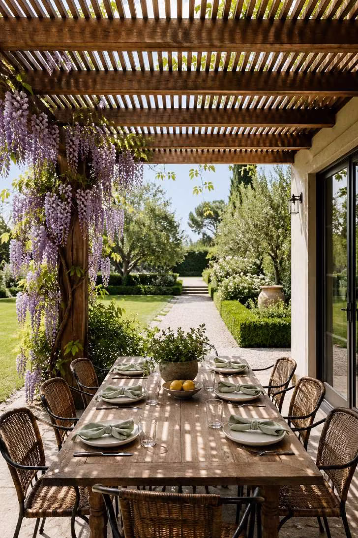 Modern slatted cedar pergola with striped shadows over an outdoor dining table set for six