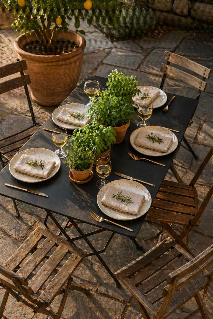 Compact outdoor dining setup with speckled ceramic plates and herb centerpiece on bluestone patio