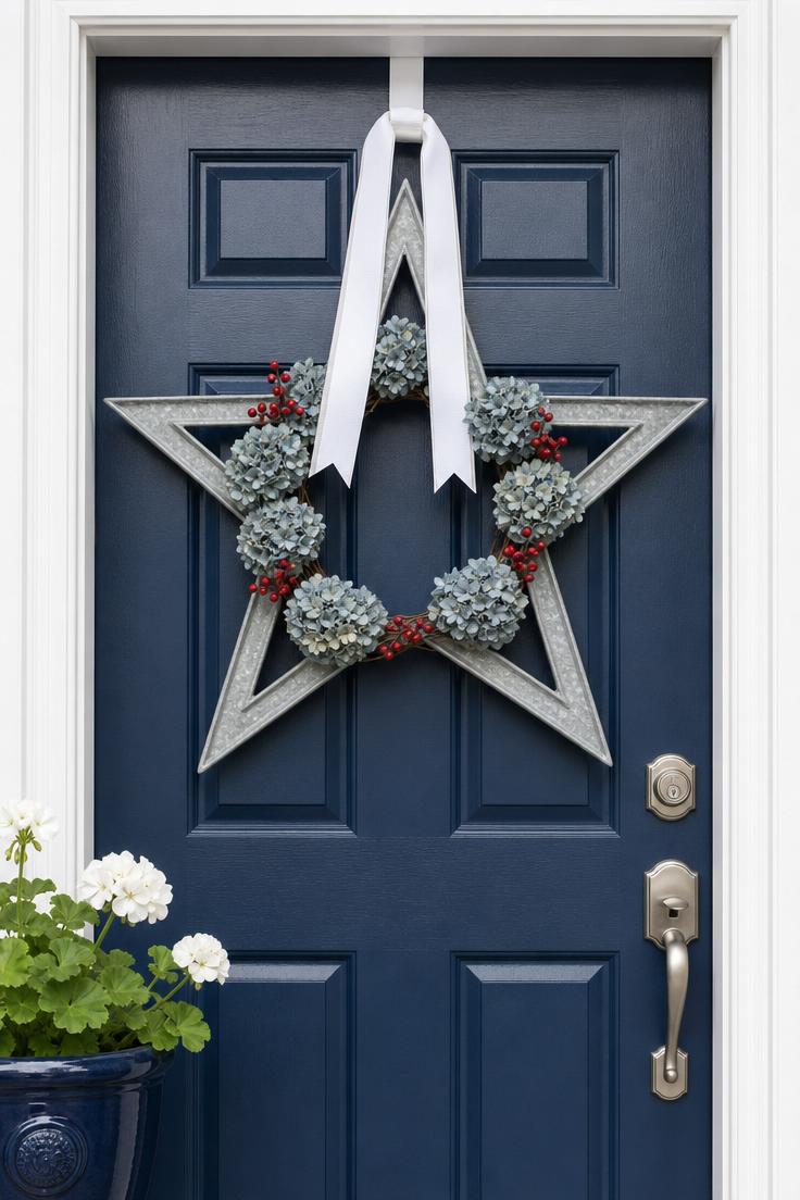 10 Bold Patriotic Front Porch Decor Ideas for Every Home 2 Galvanized metal star wreath with dried blue hydrangeas and red berry sprigs on a navy painted front door in cool overcast light