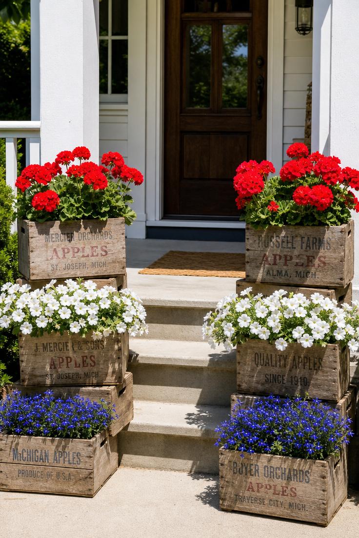 10 Bold Patriotic Front Porch Decor Ideas for Every Home 3 Stacked weathered wooden crates filled with red geraniums white petunias and blue lobelia flanking sunny front porch steps