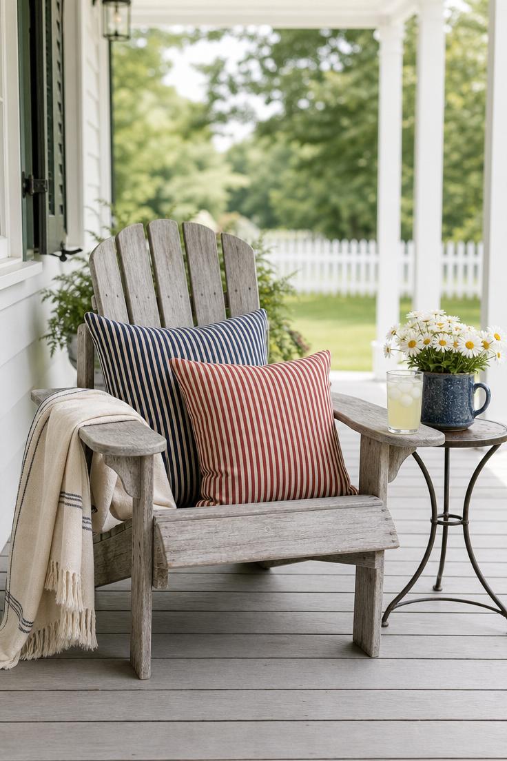 10 Bold Patriotic Front Porch Decor Ideas for Every Home 4 Weathered gray Adirondack chair with navy and red ticking stripe pillows and folded cotton throw on a covered front porch