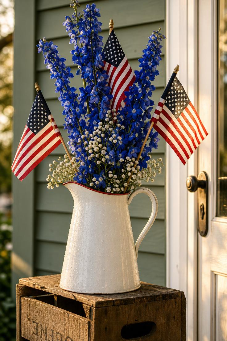 10 Bold Patriotic Front Porch Decor Ideas for Every Home 6 Close-up of vintage white enamel pitcher with blue delphiniums small American flags and baby's breath in warm golden afternoon light