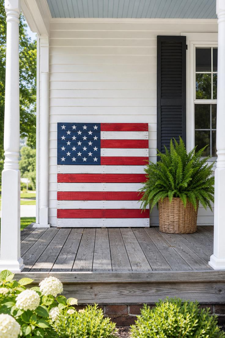 10 Bold Patriotic Front Porch Decor Ideas for Every Home 7 Wide view of a repurposed wooden pallet painted as an American flag leaning against a white porch wall in bright midday sunlight