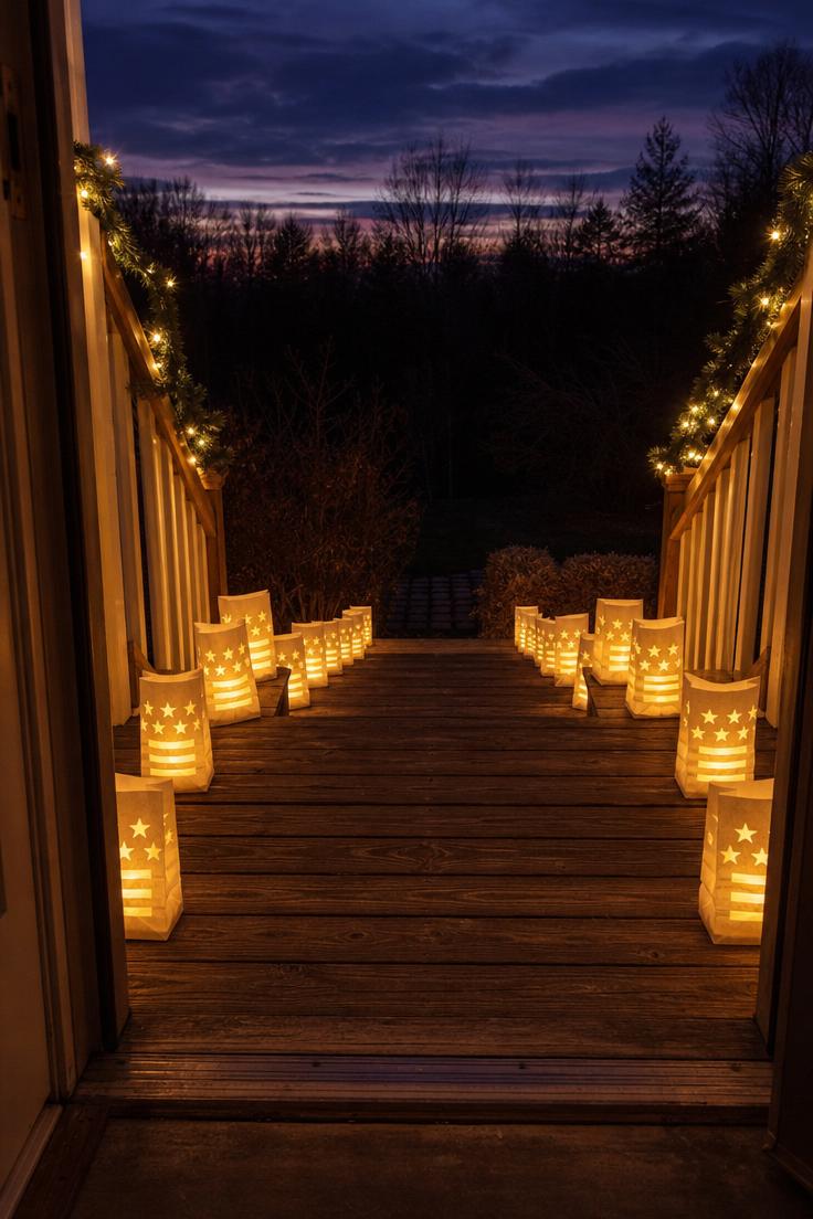 10 Bold Patriotic Front Porch Decor Ideas for Every Home 9 Paper luminaries with star cutouts lining wooden porch steps at dusk viewed from the doorway threshold with string lights above