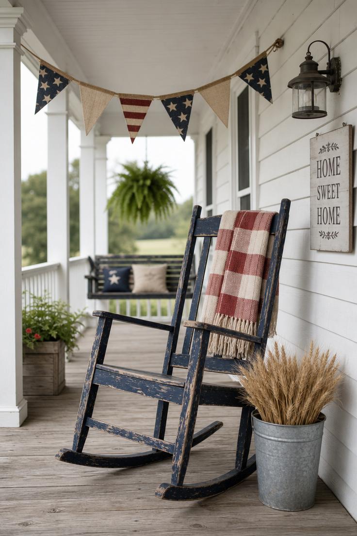 10 Bold Patriotic Front Porch Decor Ideas for Every Home 10 Navy milk-painted rocking chair with distressed edges beside burlap flag banner on a covered front porch in soft diffused afternoon light