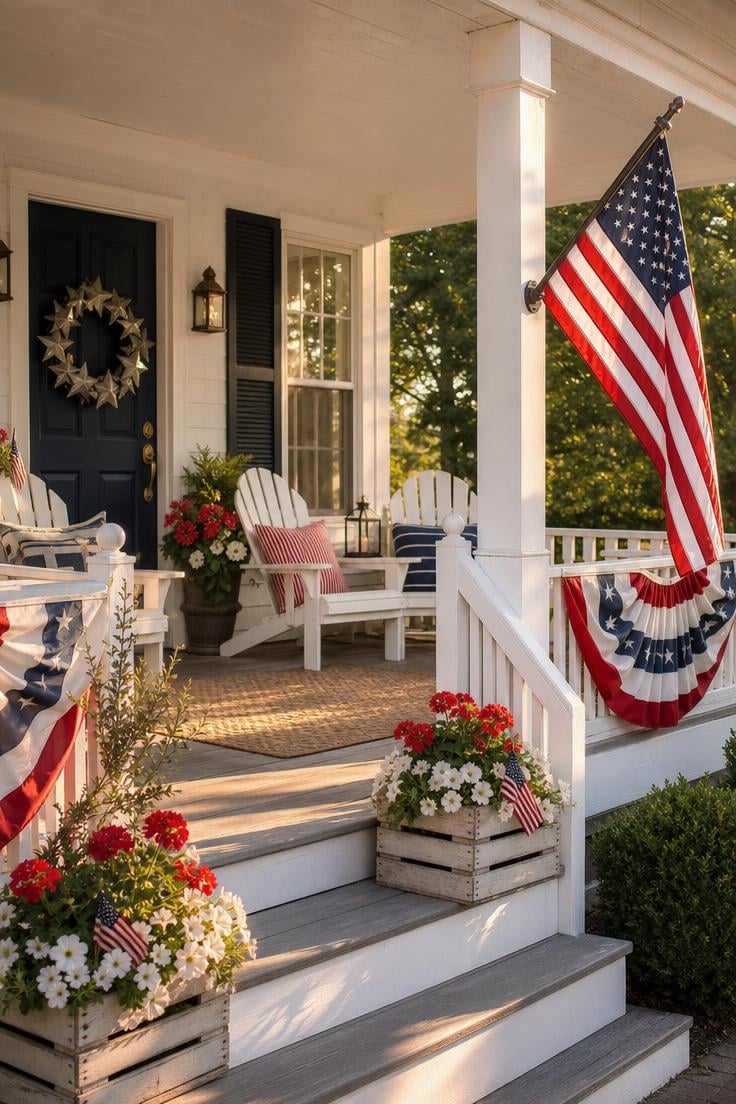 A welcoming covered front porch decorated with patriotic bunting Adirondack chairs with ticking pillows stacked flower crates and a star wreath on a navy door in warm golden summer light