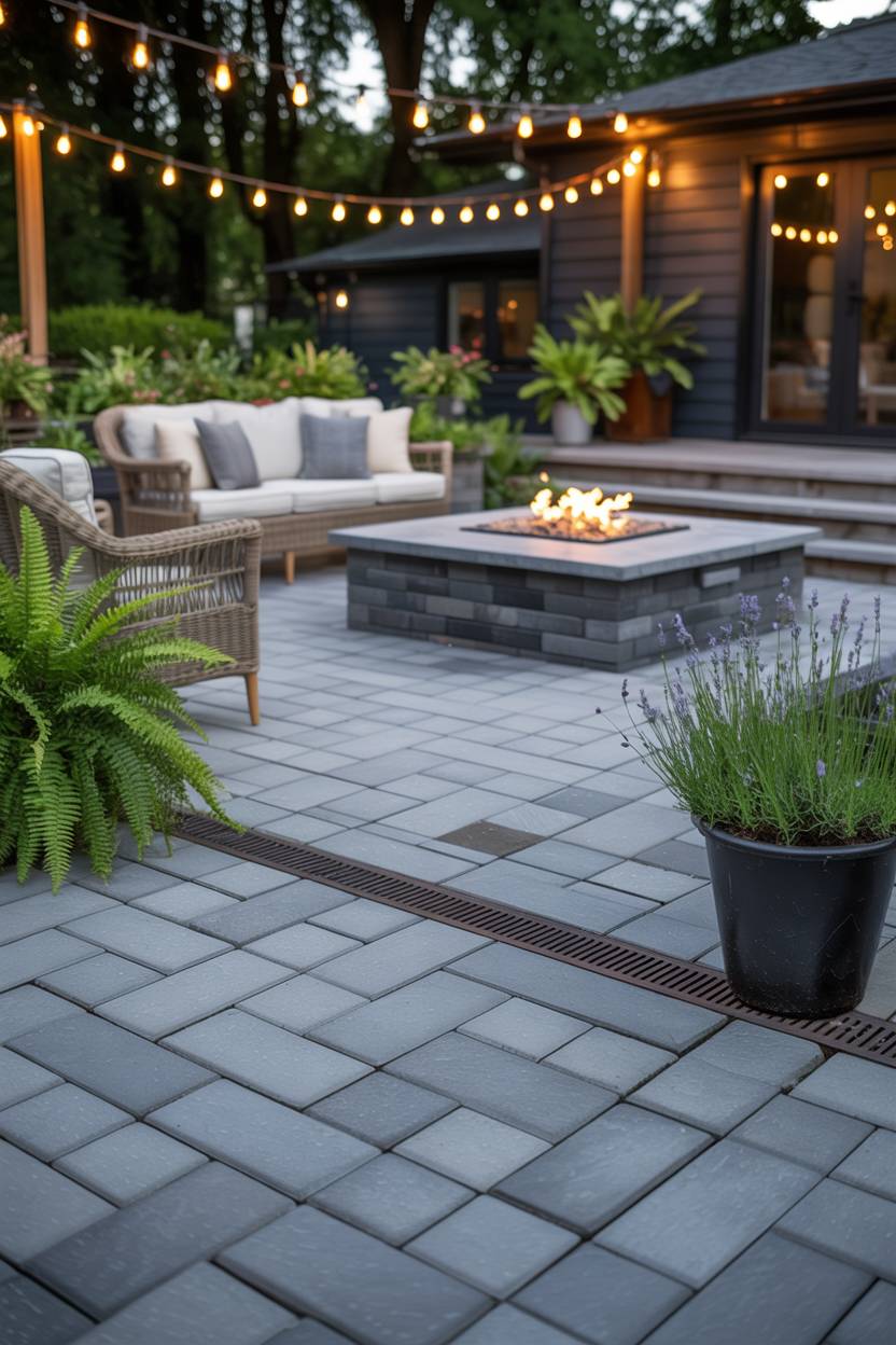 33 Paver Patio Ideas to Transform Your Outdoor Space 1 Stylish charcoal gray paver patio with geometric pattern featuring built-in fire pit and wicker seating