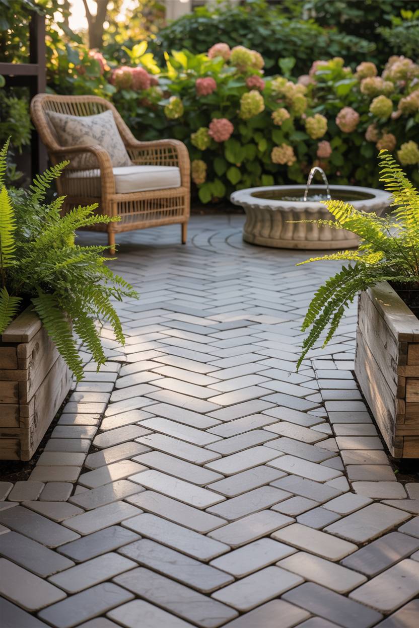 33 Paver Patio Ideas to Transform Your Outdoor Space 2 Light gray pavers in herringbone pattern with weathered wood planters and wicker chair