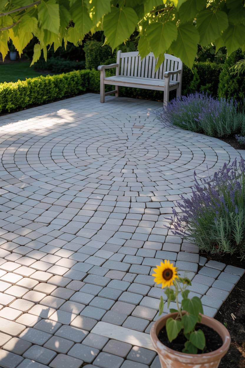 33 Paver Patio Ideas to Transform Your Outdoor Space 3 Gray and beige paver patio with swirling pattern bordered by boxwood hedges