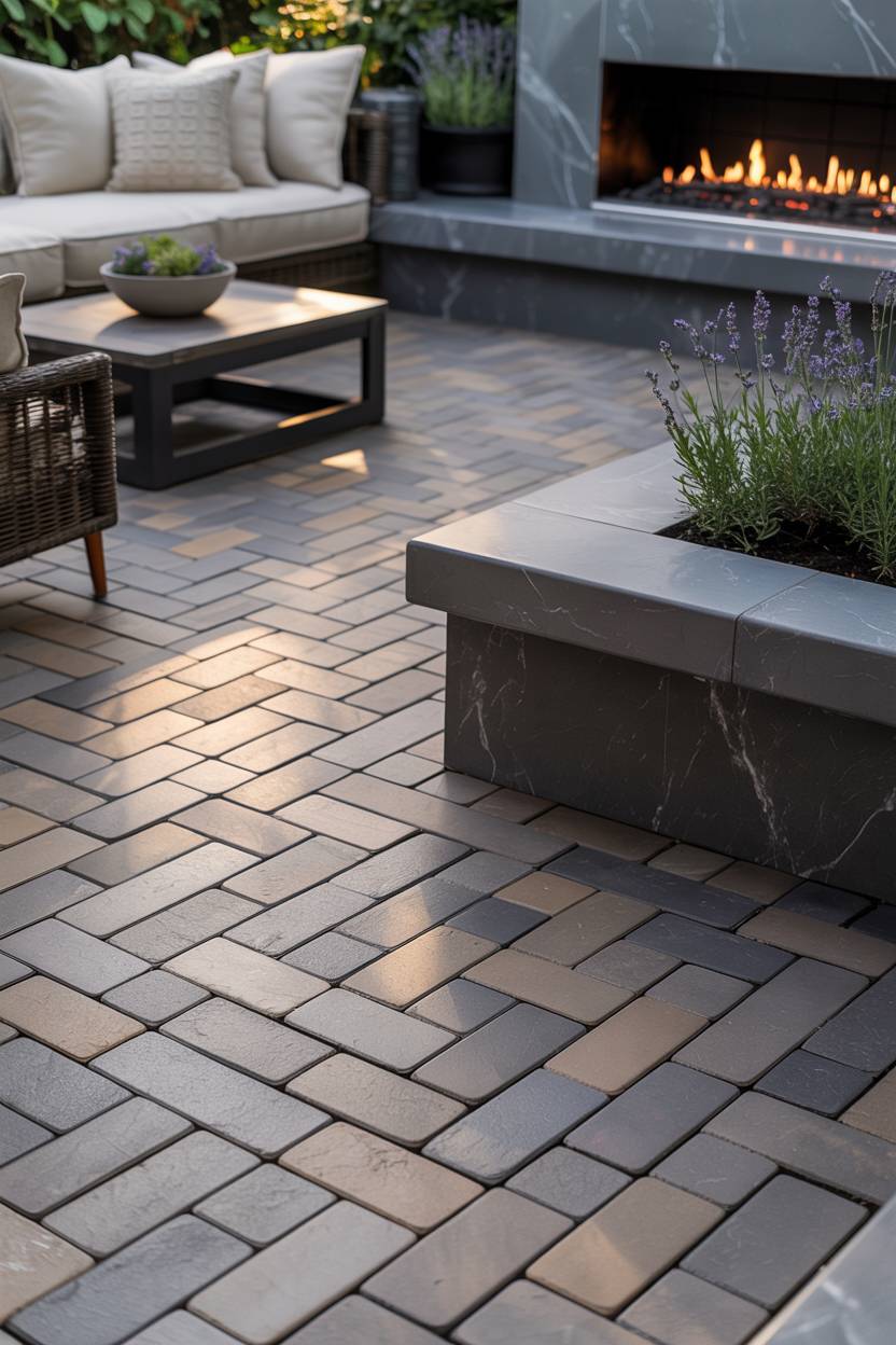 33 Paver Patio Ideas to Transform Your Outdoor Space 4 Warm gray pavers in herringbone pattern with sleek outdoor fireplace and cream seating