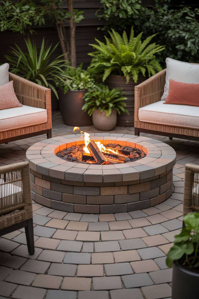 33 Paver Patio Ideas to Transform Your Outdoor Space 5 Circular fire pit made from warm gray pavers surrounded by rattan chairs with cream cushions