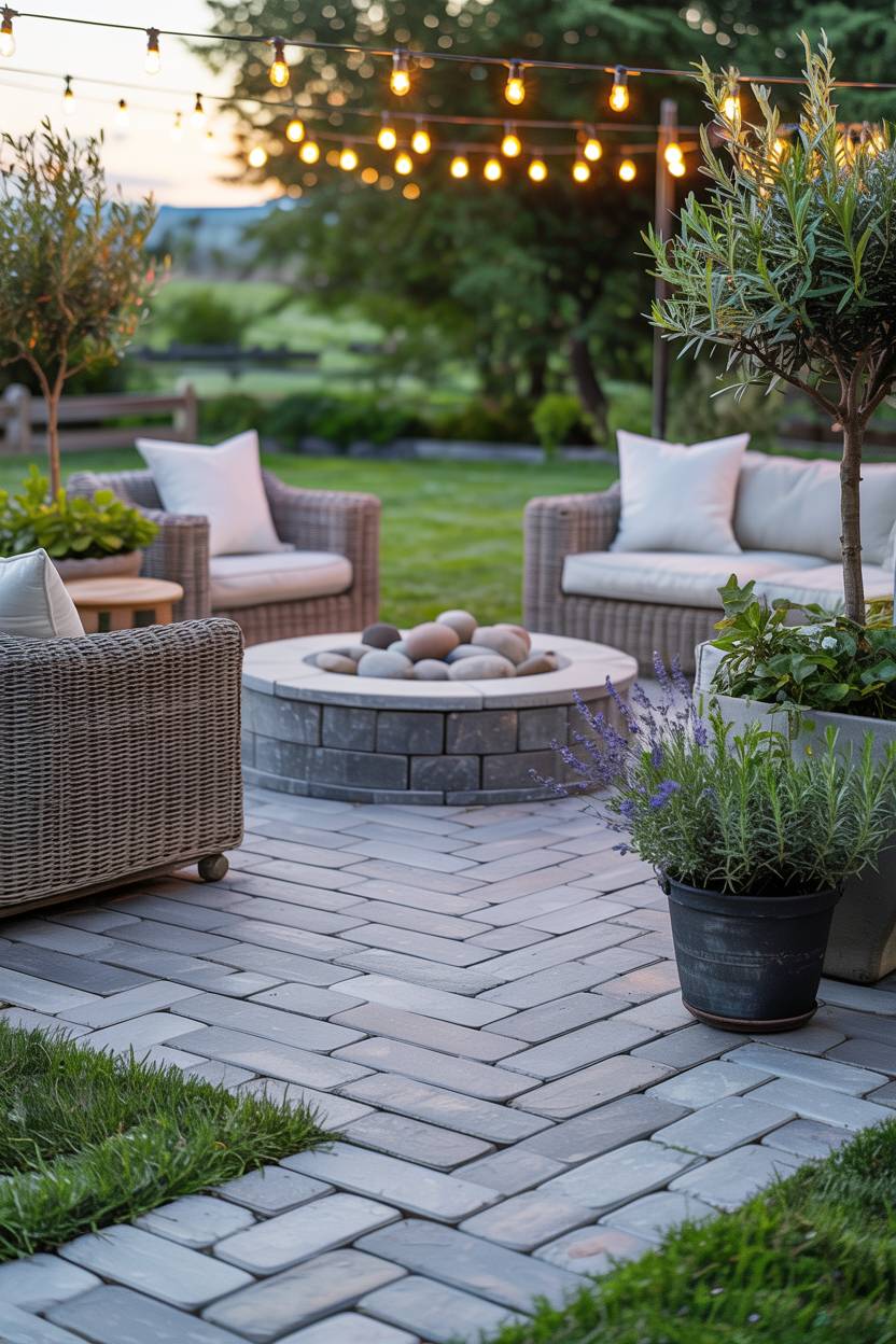 33 Paver Patio Ideas to Transform Your Outdoor Space 6 Herringbone pattern gray pavers with circular fire pit filled with river stones and string lighting