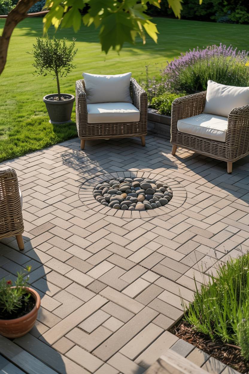 33 Paver Patio Ideas to Transform Your Outdoor Space 7 Warm gray herringbone pavers with central fire pit surrounded by olive trees and lavender plants