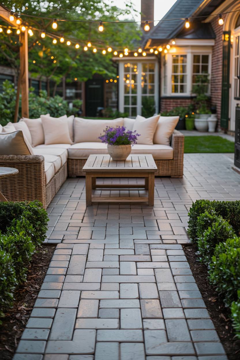 33 Paver Patio Ideas to Transform Your Outdoor Space 8 Light gray herringbone pavers bordered by boxwood with cream sectional sofa and cottage backdrop