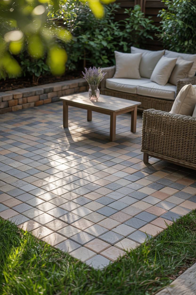 33 Paver Patio Ideas to Transform Your Outdoor Space 9 Newly built warm gray herringbone patio with stone retaining wall and neutral rattan furniture