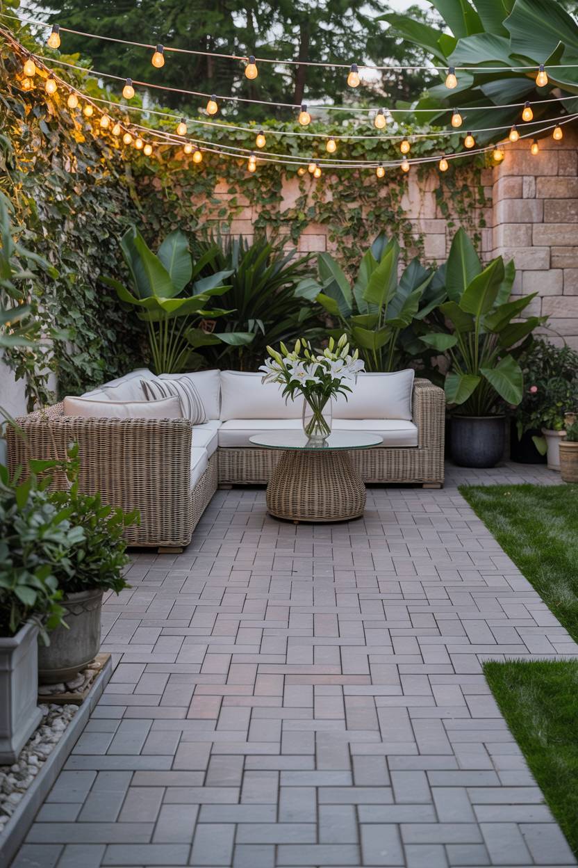 33 Paver Patio Ideas to Transform Your Outdoor Space 10 Modern herringbone gray pavers with rattan sectional and glass-top table under string lights