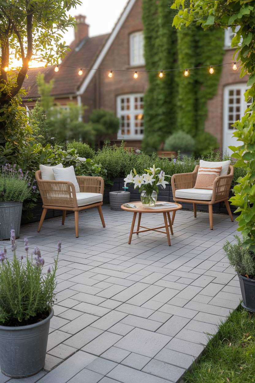 33 Paver Patio Ideas to Transform Your Outdoor Space 11 Light gray herringbone pavers with rattan armchairs and white lilies under string lighting