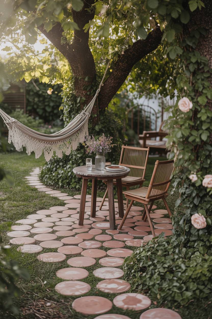 33 Paver Patio Ideas to Transform Your Outdoor Space 12 Weathered terracotta pavers in circular pattern with rustic wooden table and hanging hammock