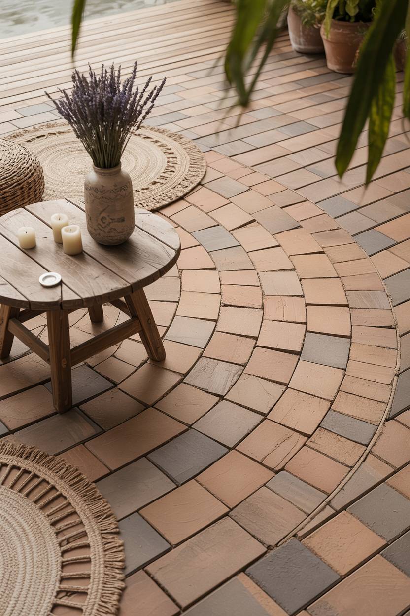 33 Paver Patio Ideas to Transform Your Outdoor Space 13 Warm terracotta pavers in circular pattern with weathered wood table and geometric rugs