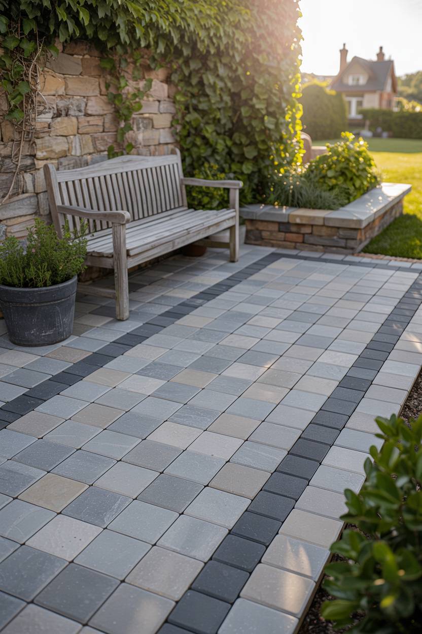 33 Paver Patio Ideas to Transform Your Outdoor Space 15 Interlocking gray and beige pavers with dark charcoal border and ivy-covered stone wall