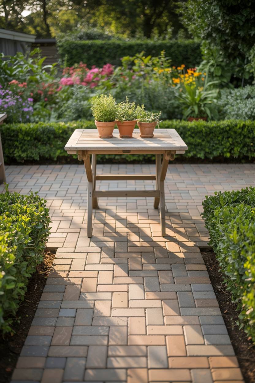 33 Paver Patio Ideas to Transform Your Outdoor Space 16 Warm gray herringbone pavers bordered by boxwood with rustic table displaying herb garden
