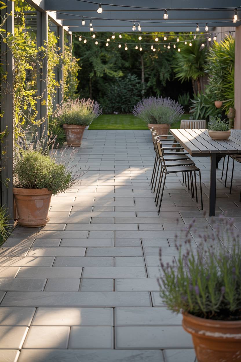33 Paver Patio Ideas to Transform Your Outdoor Space 17 Large gray pavers in geometric pattern with modern dining set and pergola string lights