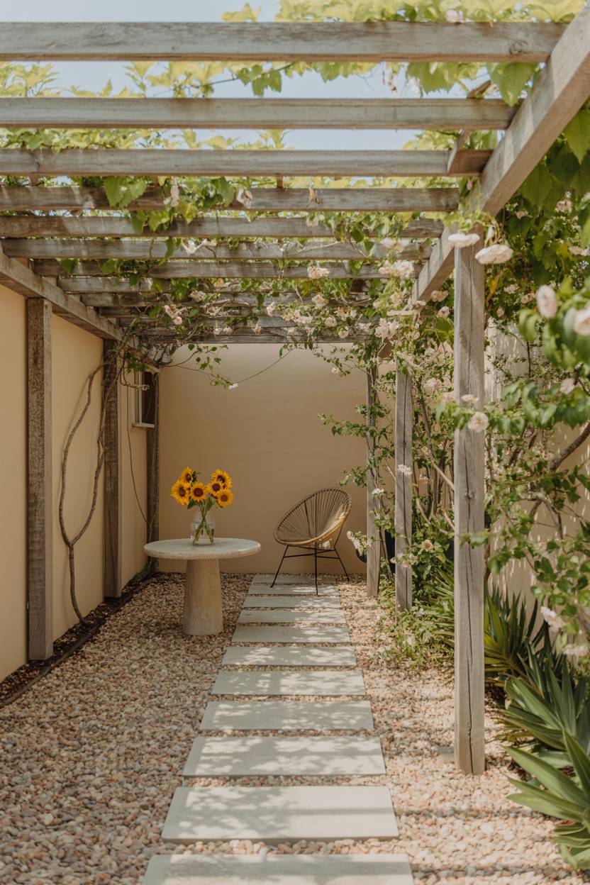 33 Paver Patio Ideas to Transform Your Outdoor Space 18 Mixed gray pavers and brown gravel under rustic wooden pergola with climbing vines