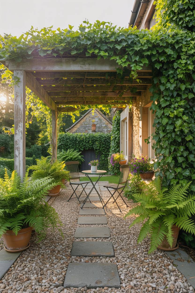 33 Paver Patio Ideas to Transform Your Outdoor Space 19 Gravel and paver patio with wooden pergola covered in climbing ivy and bistro seating