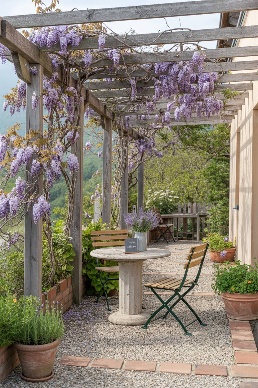 33 Paver Patio Ideas to Transform Your Outdoor Space 20 Light gray gravel and clay pavers under pergola with purple wisteria and stone bistro table