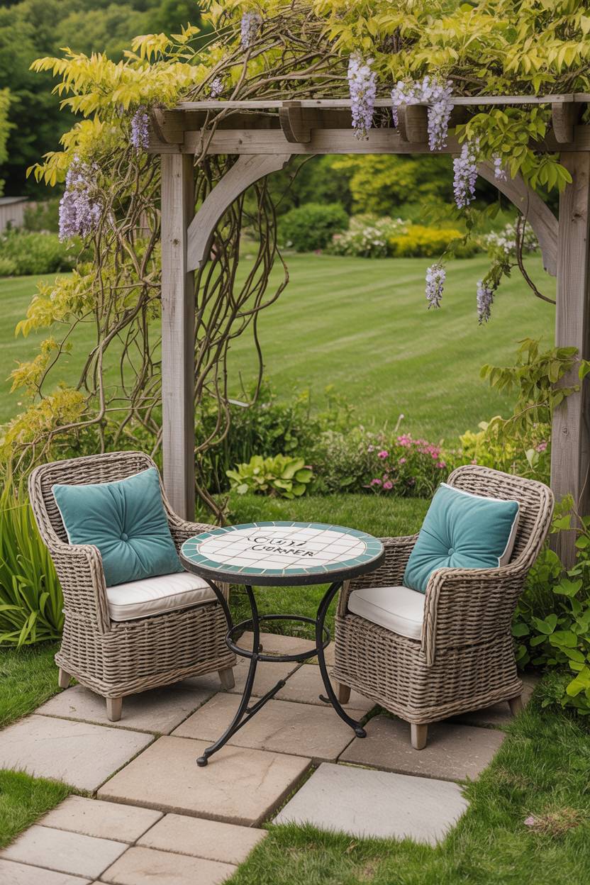 33 Paver Patio Ideas to Transform Your Outdoor Space 21 Weathered gray gravel and rectangular pavers with mosaic bistro table and teal cushioned chairs