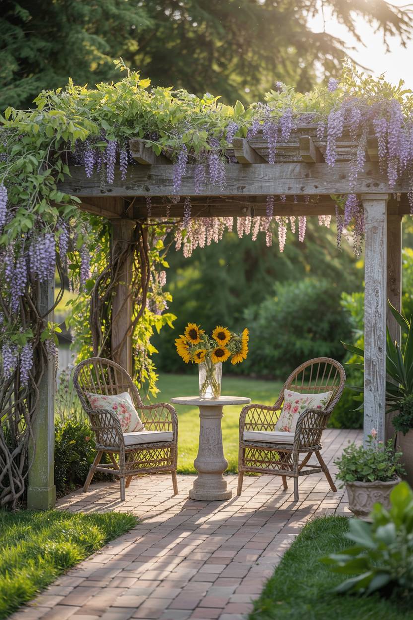 33 Paver Patio Ideas to Transform Your Outdoor Space 22 Weathered paver patio under wisteria-draped pergola with wicker chairs and sunflower centerpiece