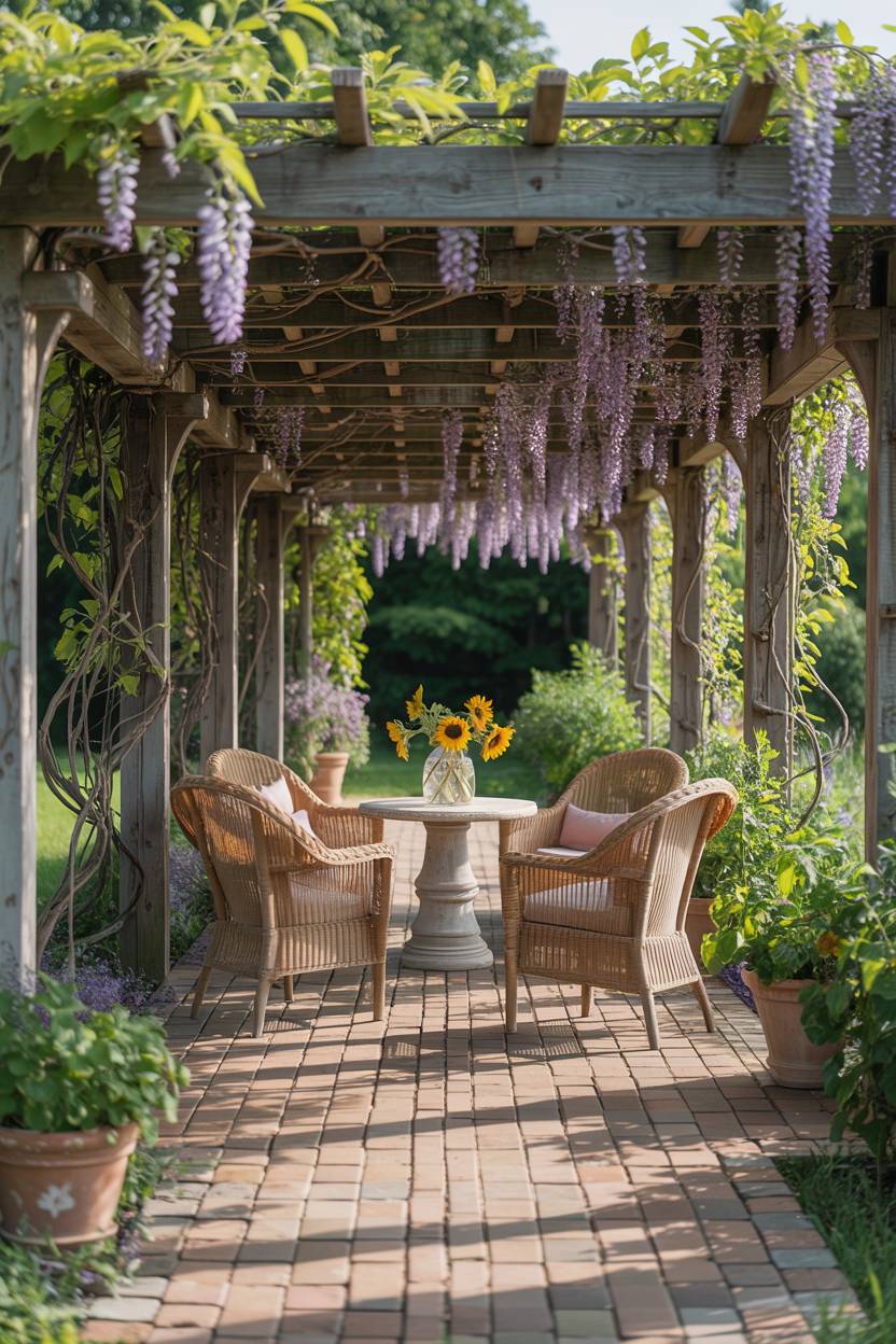33 Paver Patio Ideas to Transform Your Outdoor Space 23 Warm brick pavers under wisteria pergola with wicker chairs and sunflower table arrangement