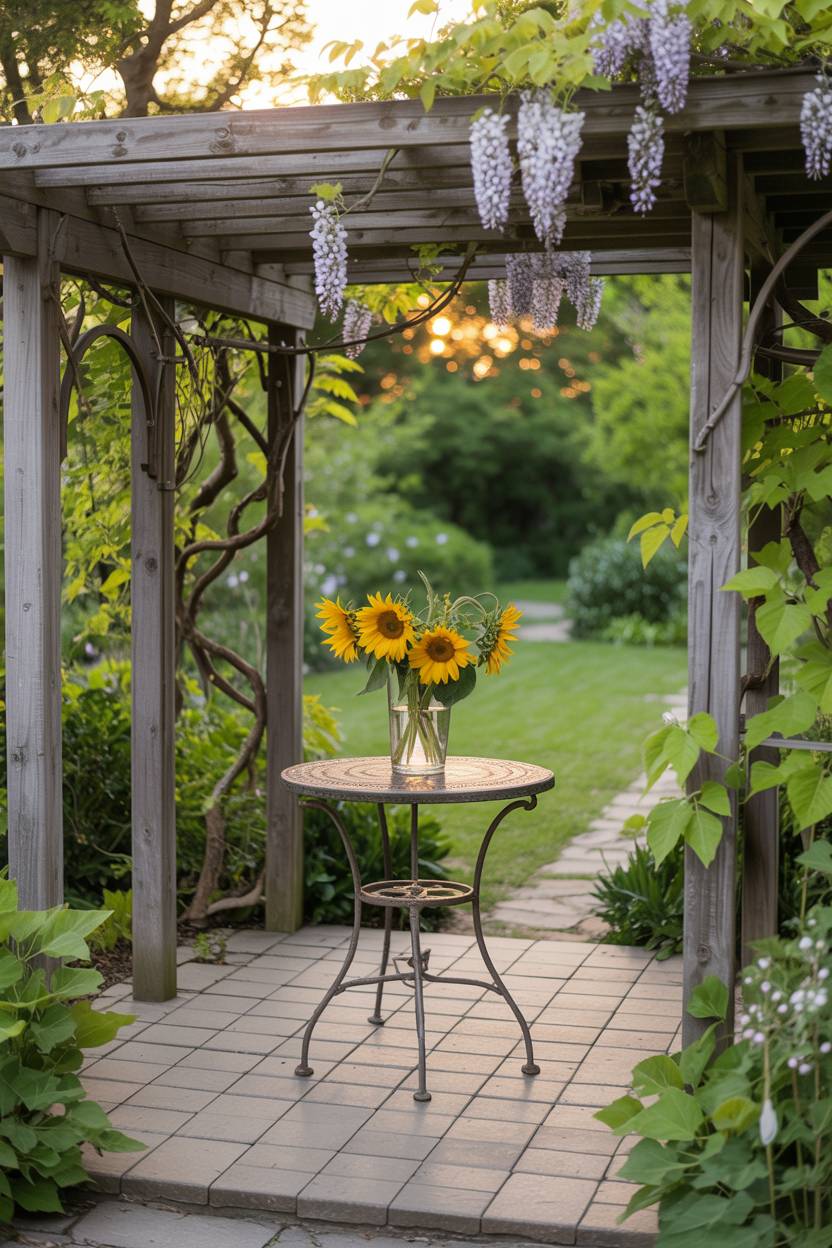 33 Paver Patio Ideas to Transform Your Outdoor Space 24 Gray herringbone pavers under wisteria pergola with wrought iron table and sunflower display