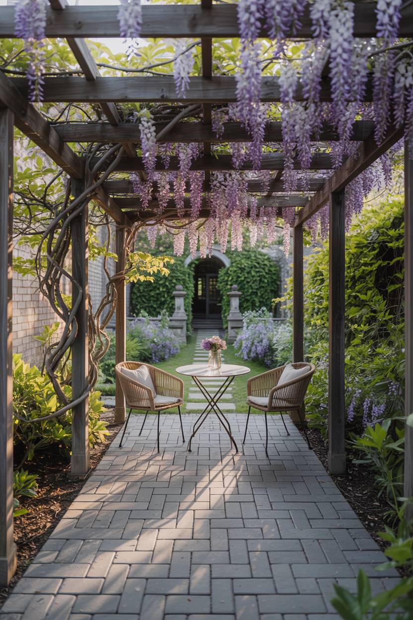 33 Paver Patio Ideas to Transform Your Outdoor Space 25 Gray herringbone pavers under dark wood pergola with bistro seating overlooking garden pathway