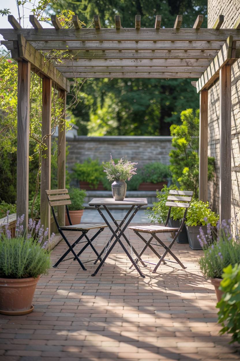 33 Paver Patio Ideas to Transform Your Outdoor Space 26 Warm gray herringbone pavers under wooden pergola with potted lavender and bistro seating