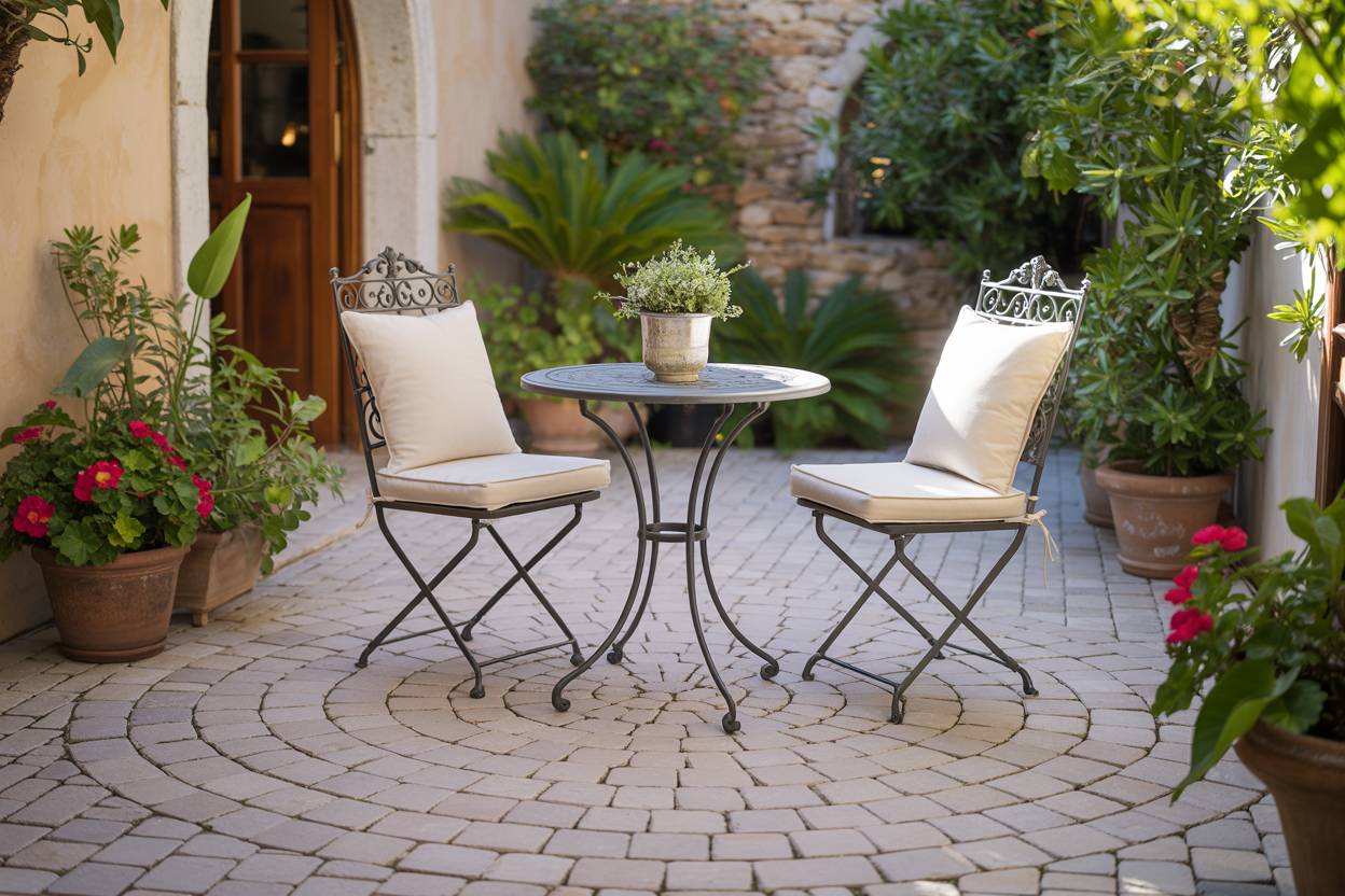 33 Paver Patio Ideas to Transform Your Outdoor Space 27 Circular warm gray pavers with wrought iron bistro set and arched stone doorway backdrop